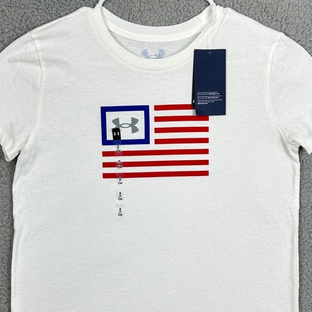 Under Armour Freedom T- Shirt Graphic Tee Women Small White USA Flag Logo NEW